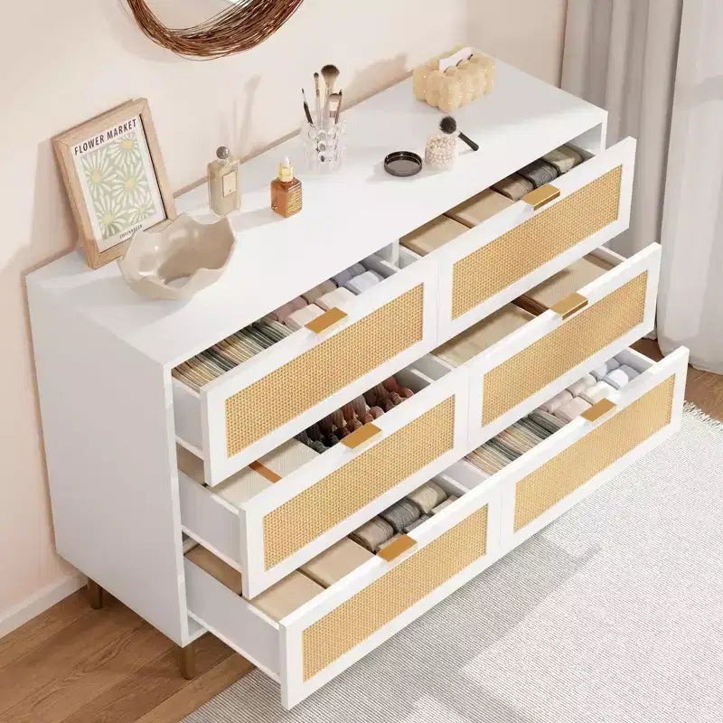 Commode 6 tiroirs en rotin pour chambre à coucher, chiffonnier avec pieds et poignées dorés, double commode large avec plateau et dispositif anti-basculement