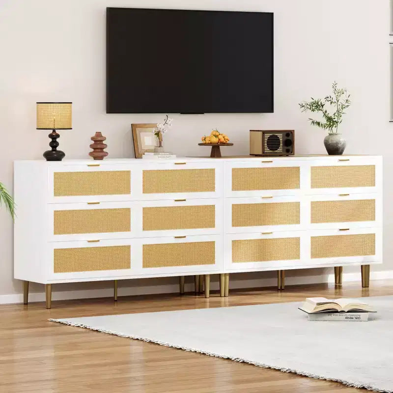 Commode 6 tiroirs en rotin pour chambre à coucher, chiffonnier avec pieds et poignées dorés, double commode large avec plateau et dispositif anti-basculement
