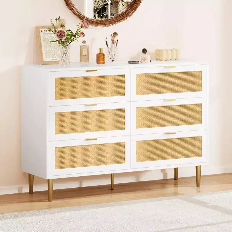 Commode 6 tiroirs en rotin pour chambre à coucher, chiffonnier avec pieds et poignées dorés, double commode large avec plateau et dispositif anti-basculement
