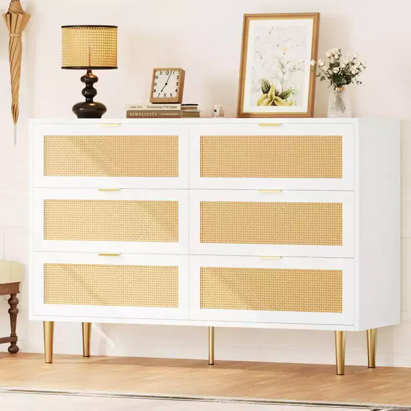 Commode 6 tiroirs en rotin pour chambre à coucher, chiffonnier avec pieds et poignées dorés, double commode large avec plateau et dispositif anti-basculement