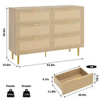 Commode 6 tiroirs en rotin pour chambre à coucher, chiffonnier avec pieds et poignées dorés, double commode large avec plateau et dispositif anti-basculement
