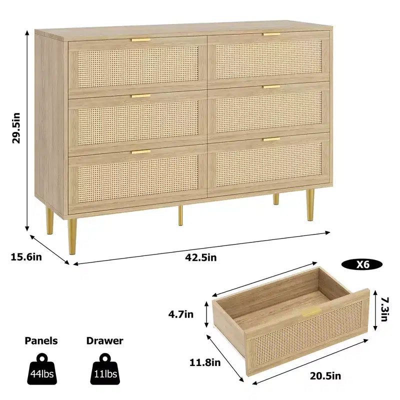 Commode 6 tiroirs en rotin pour chambre à coucher, chiffonnier avec pieds et poignées dorés, double commode large avec plateau et dispositif anti-basculement