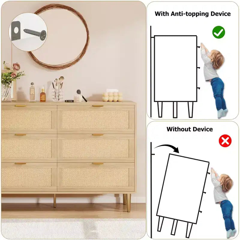 Commode 6 tiroirs en rotin pour chambre à coucher, chiffonnier avec pieds et poignées dorés, double commode large avec plateau et dispositif anti-basculement
