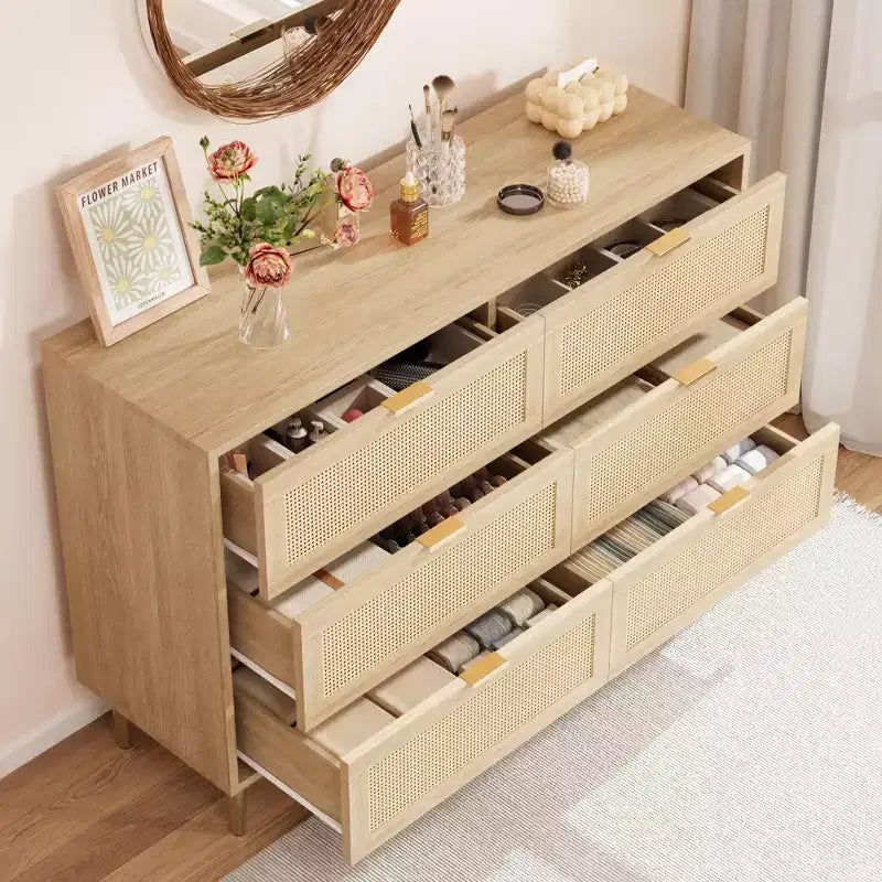 Commode 6 tiroirs en rotin pour chambre à coucher, chiffonnier avec pieds et poignées dorés, double commode large avec plateau et dispositif anti-basculement
