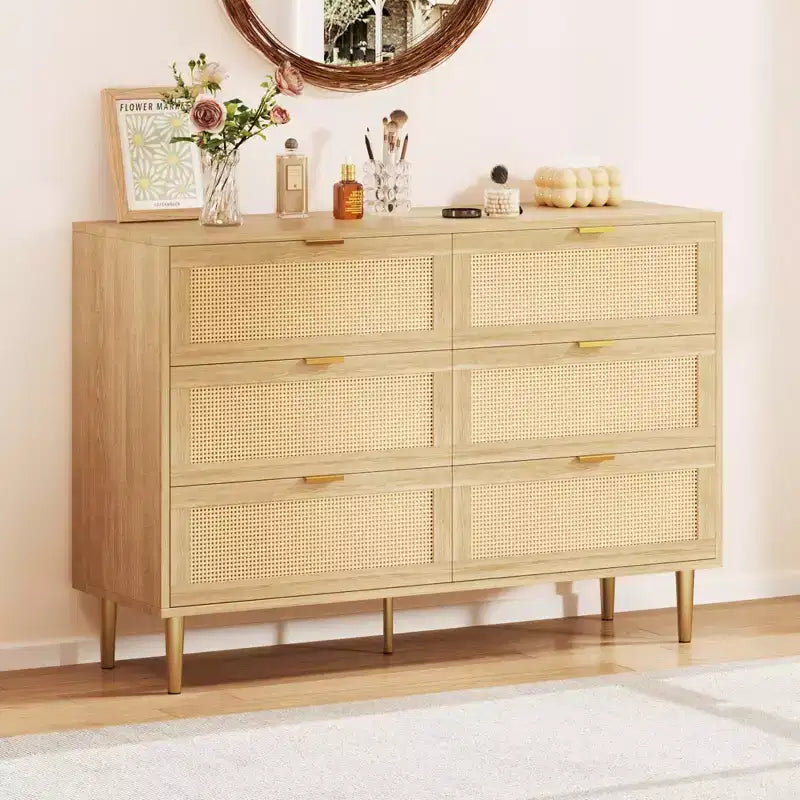 Commode 6 tiroirs en rotin pour chambre à coucher, chiffonnier avec pieds et poignées dorés, double commode large avec plateau et dispositif anti-basculement
