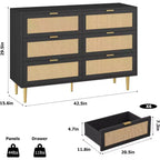 Commode 6 tiroirs en rotin pour chambre à coucher, chiffonnier avec pieds et poignées dorés, double commode large avec plateau et dispositif anti-basculement