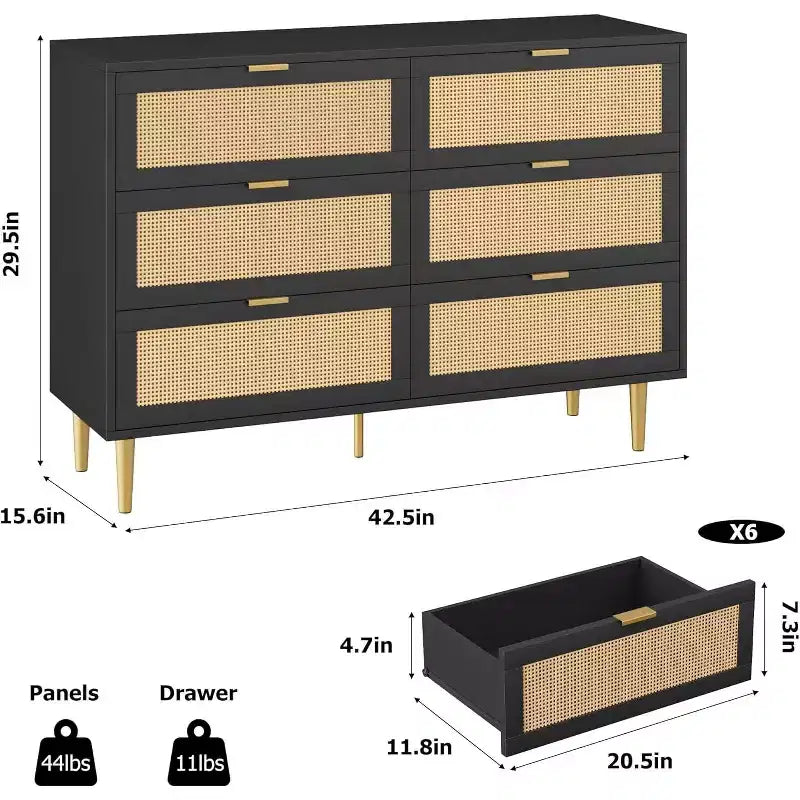 Commode 6 tiroirs en rotin pour chambre à coucher, chiffonnier avec pieds et poignées dorés, double commode large avec plateau et dispositif anti-basculement