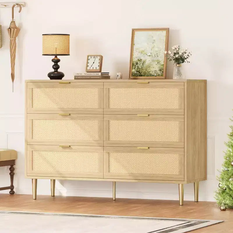 Commode 6 tiroirs en rotin pour chambre à coucher, chiffonnier avec pieds et poignées dorés, double commode large avec plateau et dispositif anti-basculement