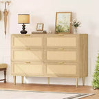 Commode 6 tiroirs en rotin pour chambre à coucher, chiffonnier avec pieds et poignées dorés, double commode large avec plateau et dispositif anti-basculement