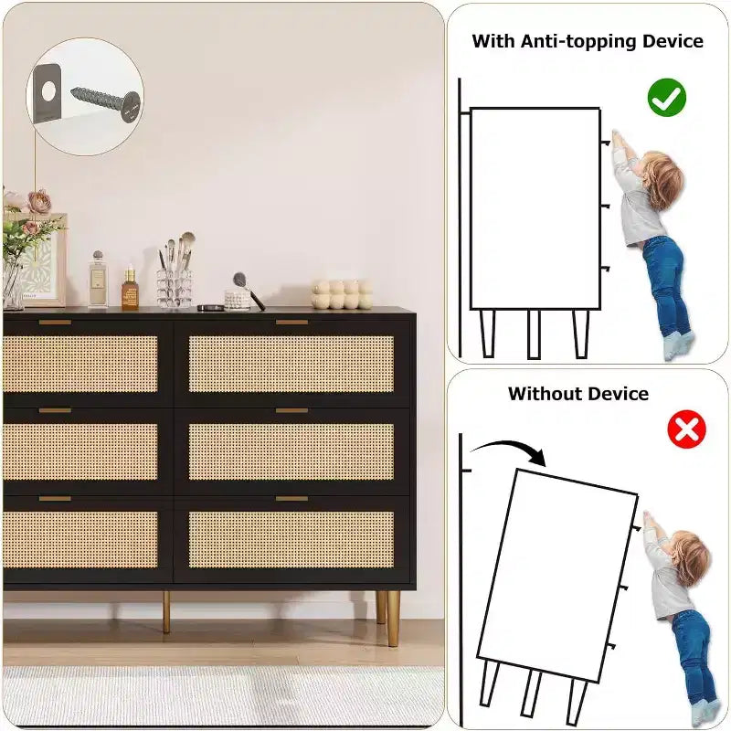 Commode 6 tiroirs en rotin pour chambre à coucher, chiffonnier avec pieds et poignées dorés, double commode large avec plateau et dispositif anti-basculement