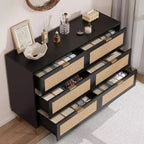Commode 6 tiroirs en rotin pour chambre à coucher, chiffonnier avec pieds et poignées dorés, double commode large avec plateau et dispositif anti-basculement