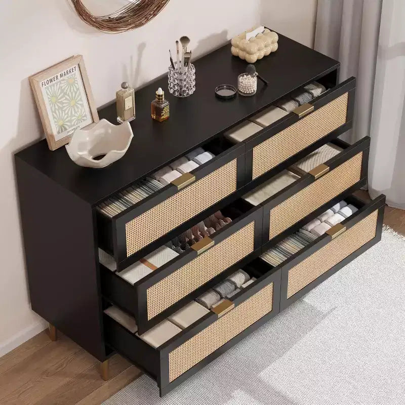 Commode 6 tiroirs en rotin pour chambre à coucher, chiffonnier avec pieds et poignées dorés, double commode large avec plateau et dispositif anti-basculement