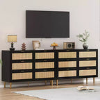 Commode 6 tiroirs en rotin pour chambre à coucher, chiffonnier avec pieds et poignées dorés, double commode large avec plateau et dispositif anti-basculement