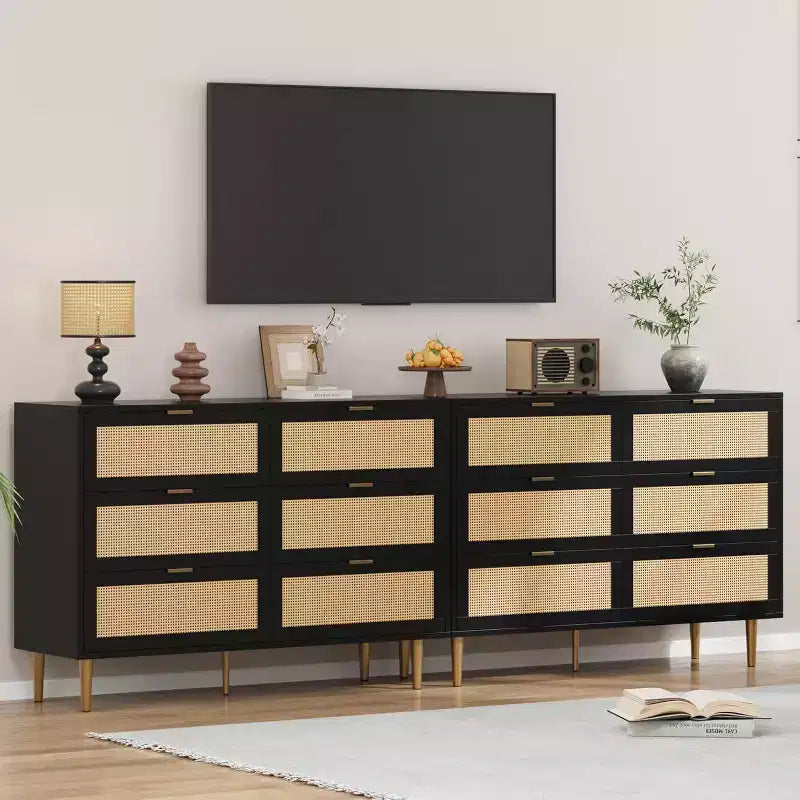 Commode 6 tiroirs en rotin pour chambre à coucher, chiffonnier avec pieds et poignées dorés, double commode large avec plateau et dispositif anti-basculement