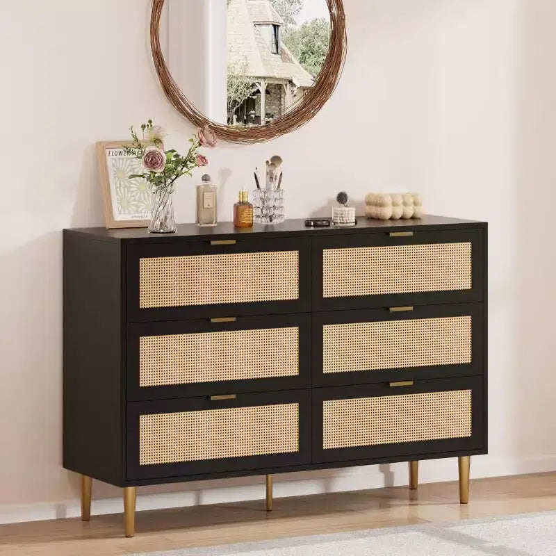 Commode 6 tiroirs en rotin pour chambre à coucher, chiffonnier avec pieds et poignées dorés, double commode large avec plateau et dispositif anti-basculement