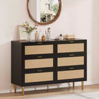 Commode 6 tiroirs en rotin pour chambre à coucher, chiffonnier avec pieds et poignées dorés, double commode large avec plateau et dispositif anti-basculement