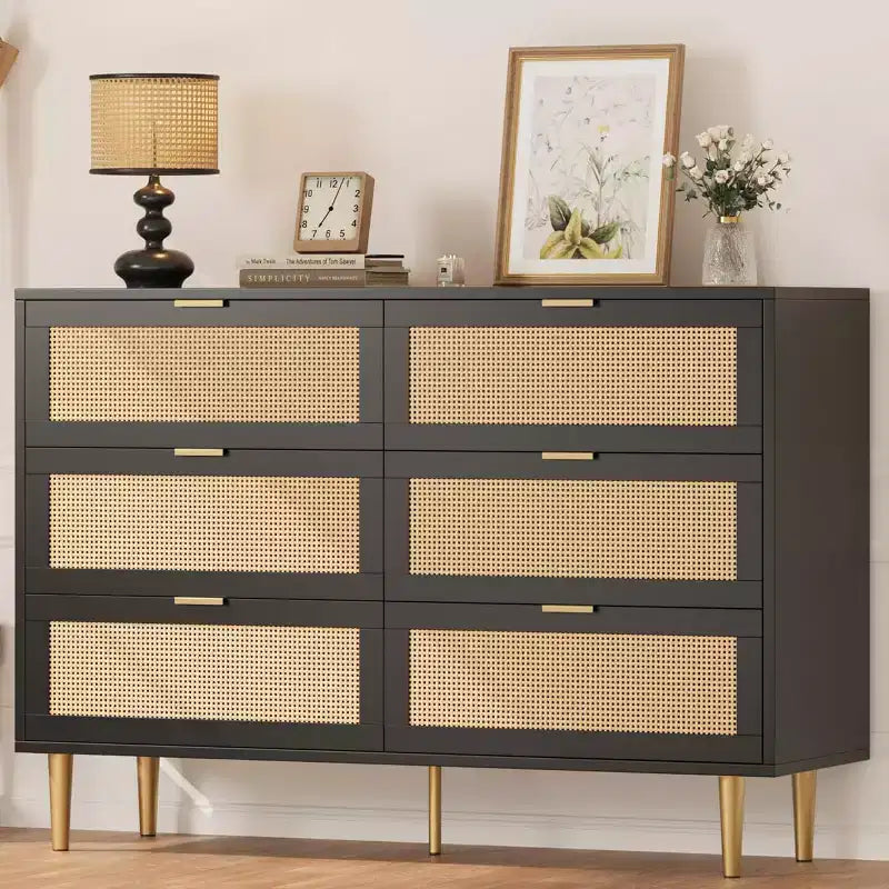 Commode 6 tiroirs en rotin pour chambre à coucher, chiffonnier avec pieds et poignées dorés, double commode large avec plateau et dispositif anti-basculement