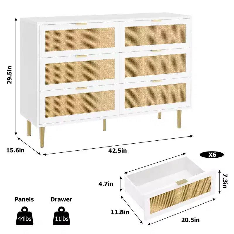 Commode 6 tiroirs en rotin pour chambre à coucher, chiffonnier avec pieds et poignées dorés, double commode large avec plateau et dispositif anti-basculement