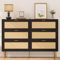 Rattan 6 Drawer Dresser for Bedroom, Chest of Drawers with Gold Legs and Gold Handles, Wide Double Dresser with Table top and Anti-Tipping Design