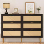Rattan 6 Drawer Dresser for Bedroom, Chest of Drawers with Gold Legs and Gold Handles, Wide Double Dresser with Table top and Anti-Tipping Design