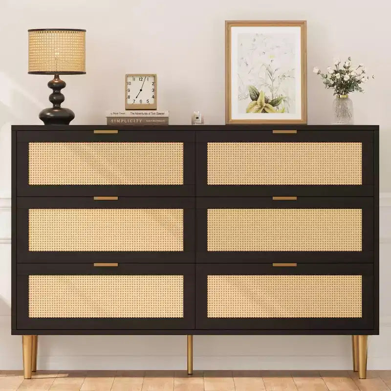 Rattan 6 Drawer Dresser for Bedroom, Chest of Drawers with Gold Legs and Gold Handles, Wide Double Dresser with Table top and Anti-Tipping Design