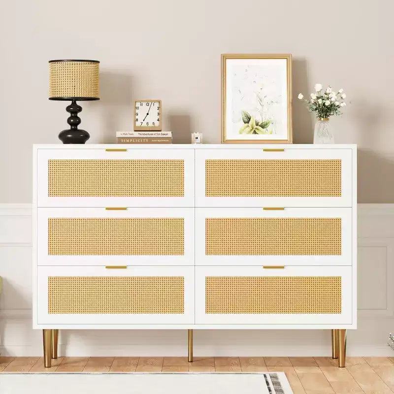 Commode 6 tiroirs en rotin pour chambre à coucher, chiffonnier avec pieds et poignées dorés, double commode large avec plateau et dispositif anti-basculement