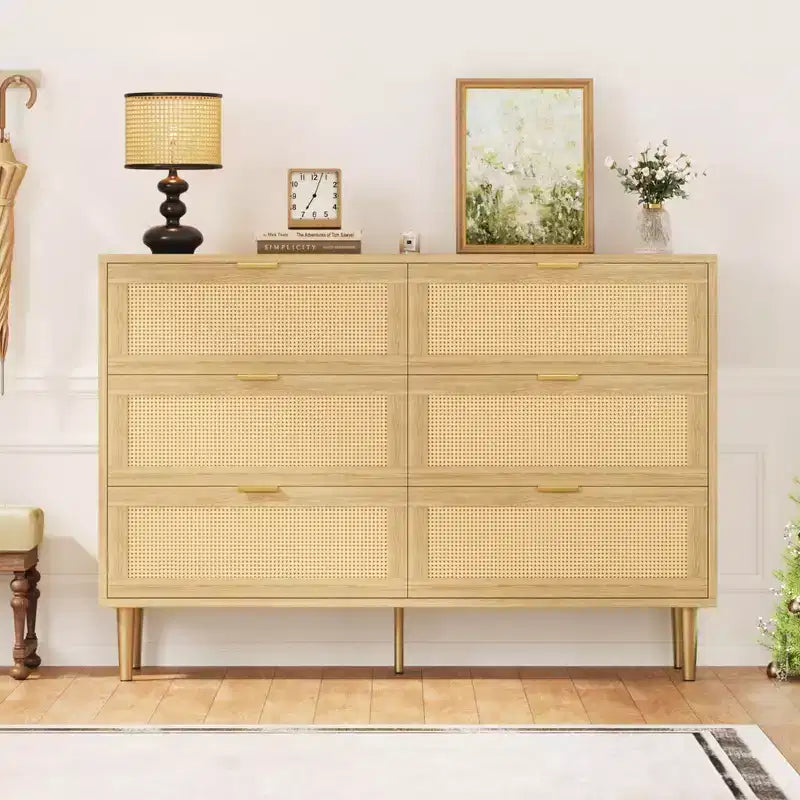 Commode 6 tiroirs en rotin pour chambre à coucher, chiffonnier avec pieds et poignées dorés, double commode large avec plateau et dispositif anti-basculement