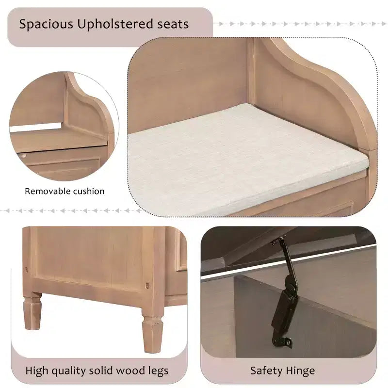 Banc de rangement d'entrée rustique en bois massif avec coussin amovible, banc à chaussures pour salon
