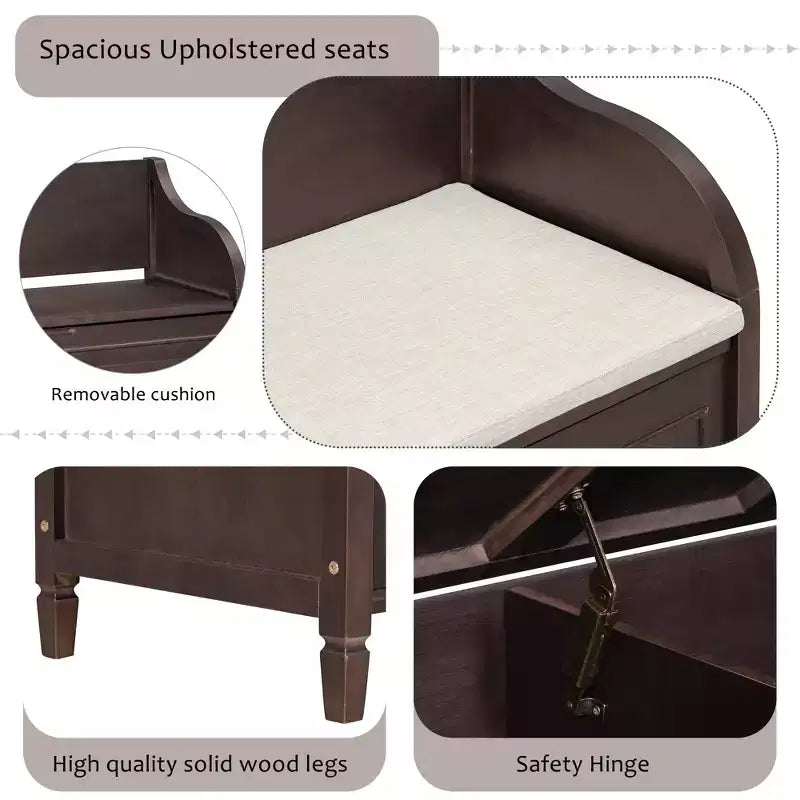 Banc de rangement d'entrée rustique en bois massif avec coussin amovible, banc à chaussures pour salon