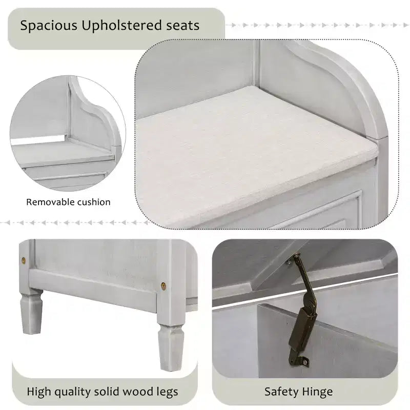 Banc de rangement d'entrée rustique en bois massif avec coussin amovible, banc à chaussures pour salon