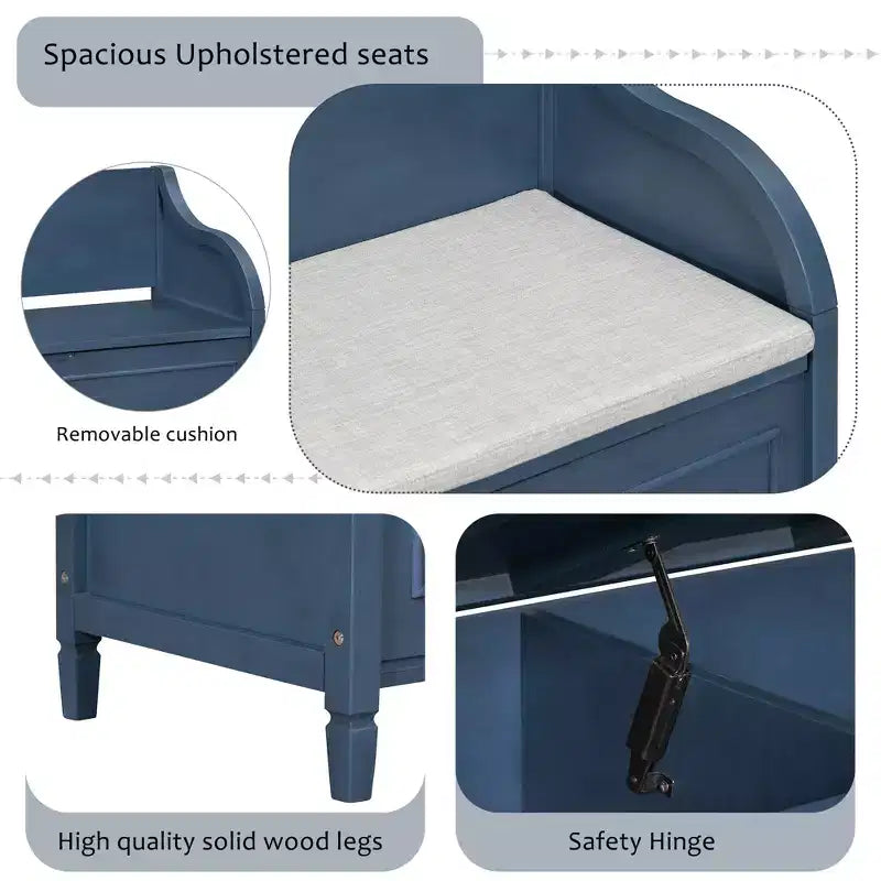 Banc de rangement d'entrée rustique en bois massif avec coussin amovible, banc à chaussures pour salon