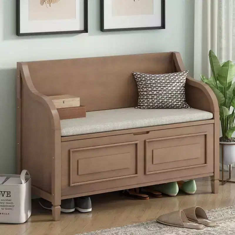 Banc de rangement d'entrée rustique en bois massif avec coussin amovible, banc à chaussures pour salon
