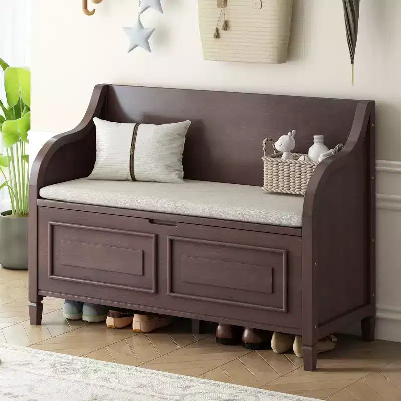 Rustic Solid Wood Entryway Storage Bench with Removable Cushion Shoe Bench for Living Room