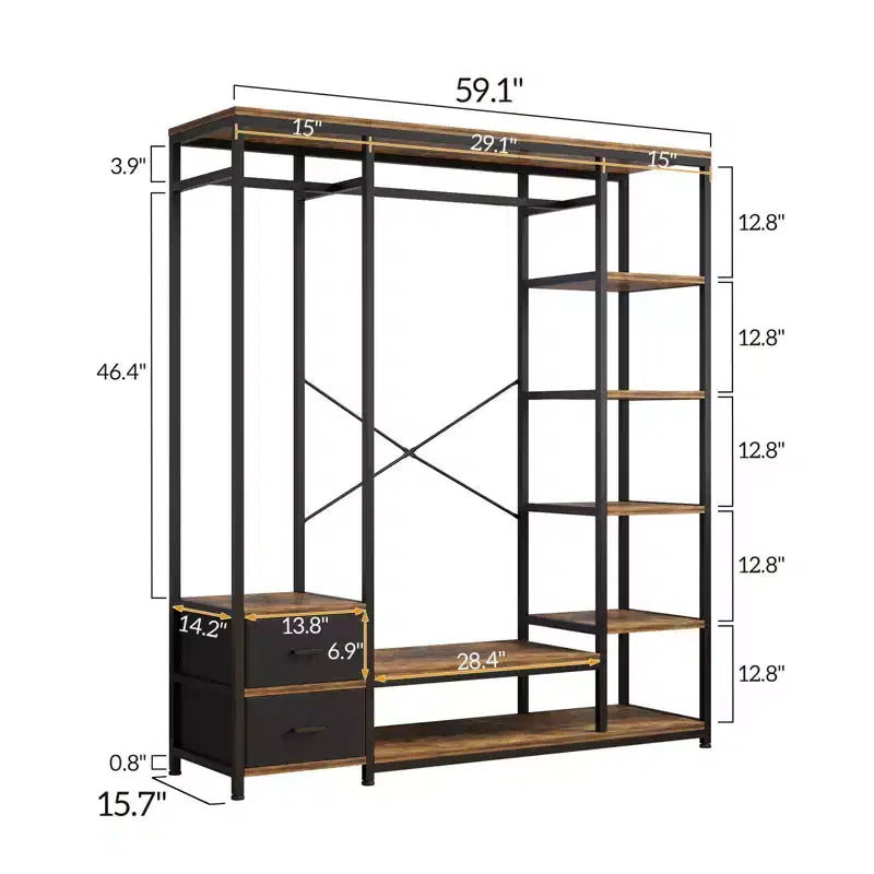 Armoire ouverte avec panneaux de particules marron vintage et cadre en fer noir 150 x 40 x 180 cm