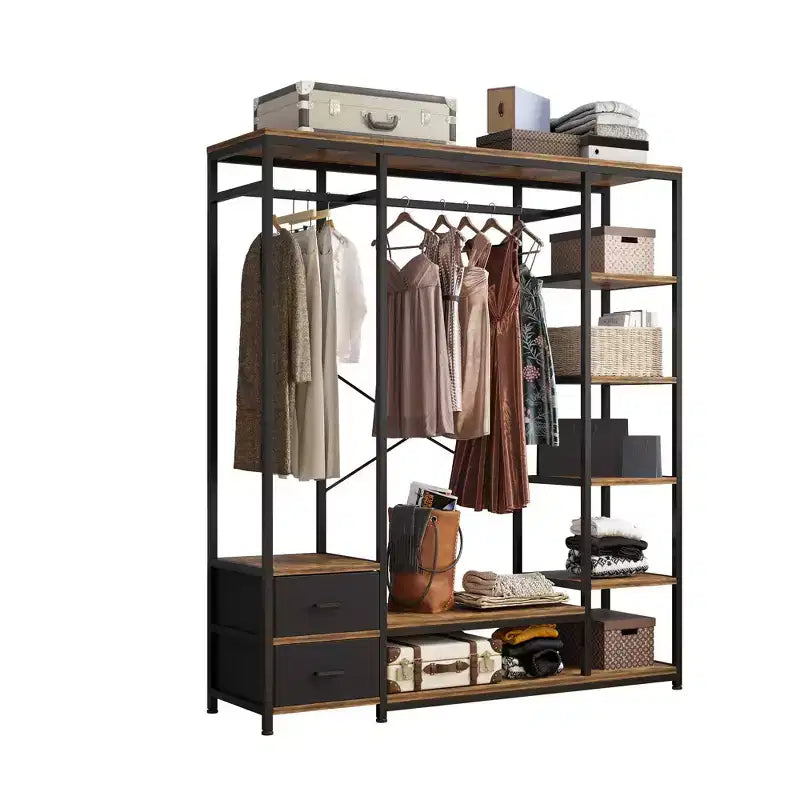 Armoire ouverte avec panneaux de particules marron vintage et cadre en fer noir 150 x 40 x 180 cm