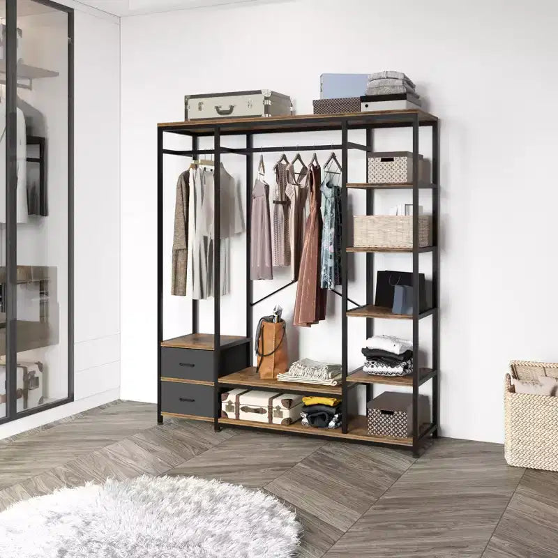 Armoire ouverte avec panneaux de particules marron vintage et cadre en fer noir 150 x 40 x 180 cm