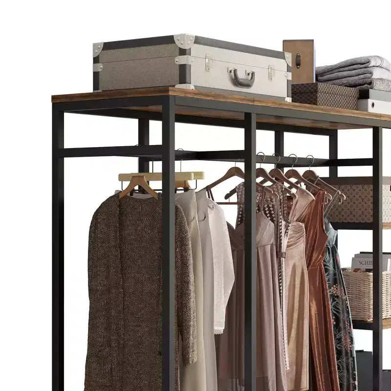Armoire ouverte avec panneaux de particules marron vintage et cadre en fer noir 150 x 40 x 180 cm