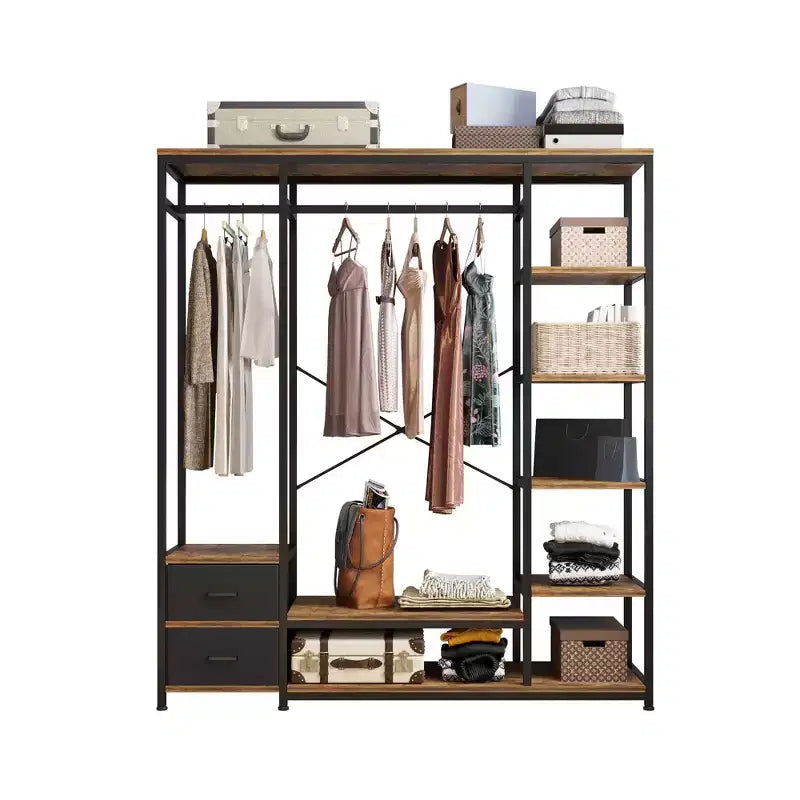 Armoire ouverte avec panneaux de particules marron vintage et cadre en fer noir 150 x 40 x 180 cm