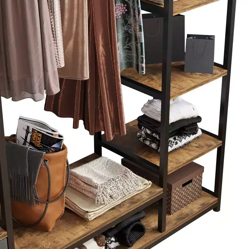 Armoire ouverte avec panneaux de particules marron vintage et cadre en fer noir 150 x 40 x 180 cm
