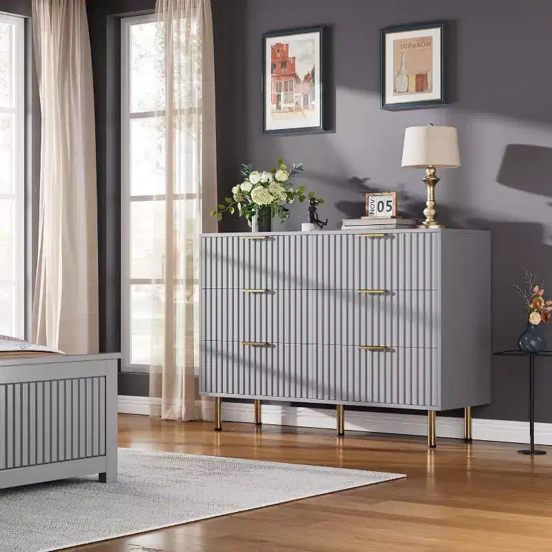 Commode à 6 tiroirs pour chambre, commode moderne cannelée avec tiroirs profonds, longue et grande commode double meuble TV pour salon, couloir