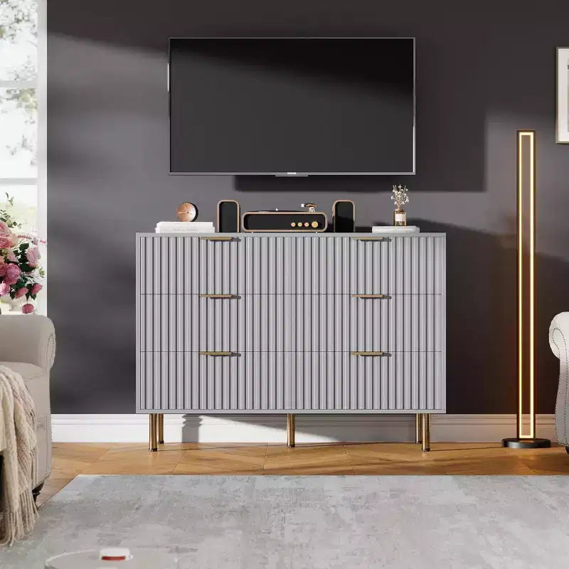 Commode à 6 tiroirs pour chambre, commode moderne cannelée avec tiroirs profonds, longue et grande commode double meuble TV pour salon, couloir