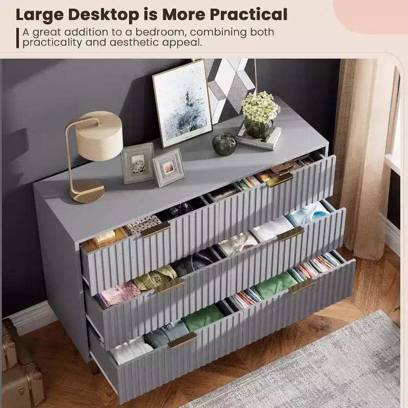 Commode à 6 tiroirs pour chambre, commode moderne cannelée avec tiroirs profonds, longue et grande commode double meuble TV pour salon, couloir