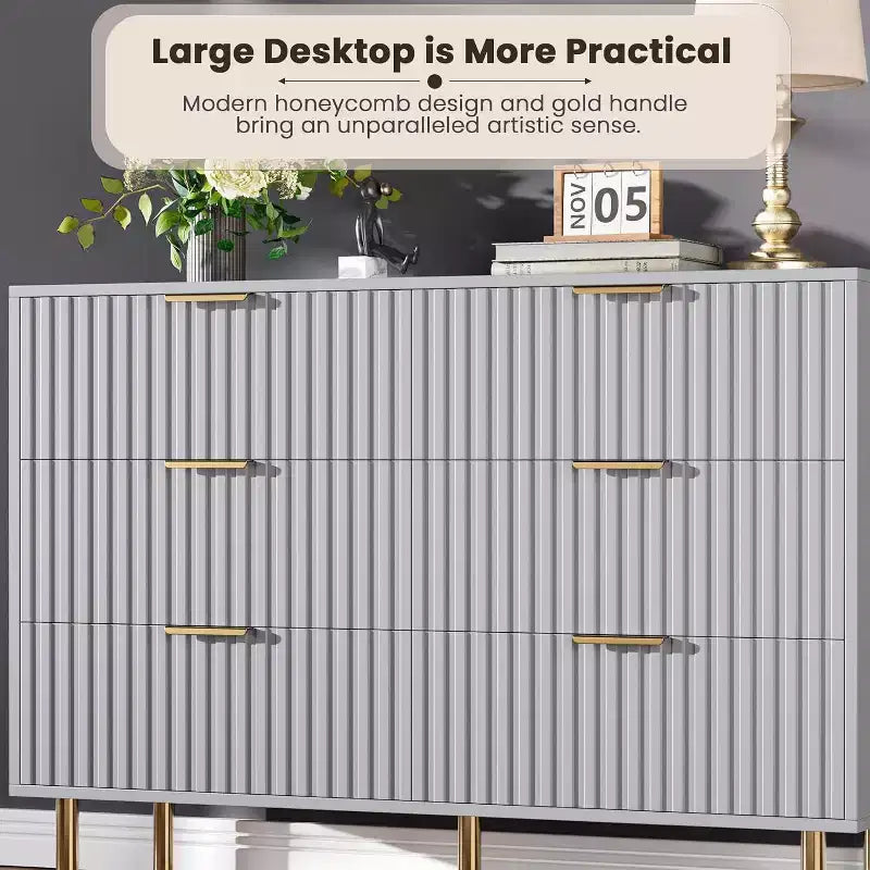 Commode à 6 tiroirs pour chambre, commode moderne cannelée avec tiroirs profonds, longue et grande commode double meuble TV pour salon, couloir