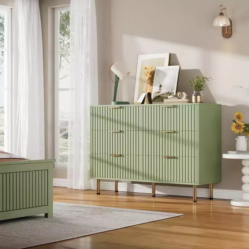 Commode à 6 tiroirs pour chambre, commode moderne cannelée avec tiroirs profonds, longue et grande commode double meuble TV pour salon, couloir
