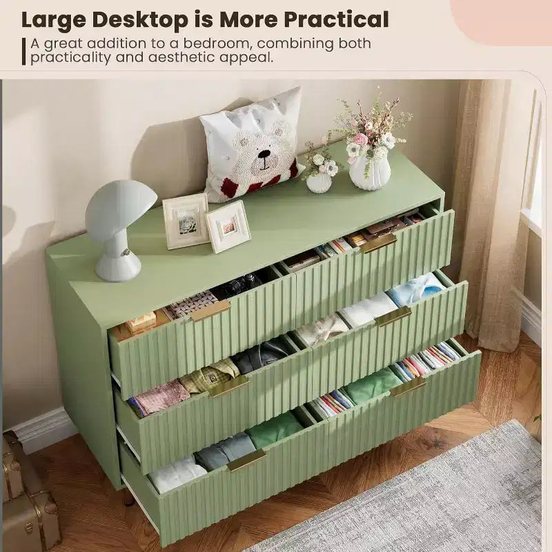 Commode à 6 tiroirs pour chambre, commode moderne cannelée avec tiroirs profonds, longue et grande commode double meuble TV pour salon, couloir