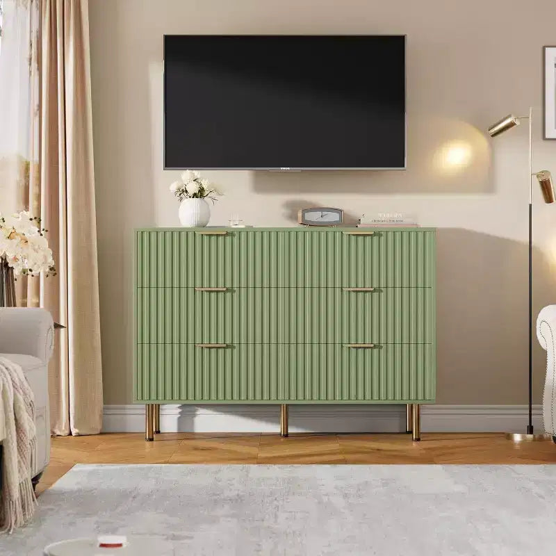 Commode à 6 tiroirs pour chambre, commode moderne cannelée avec tiroirs profonds, longue et grande commode double meuble TV pour salon, couloir