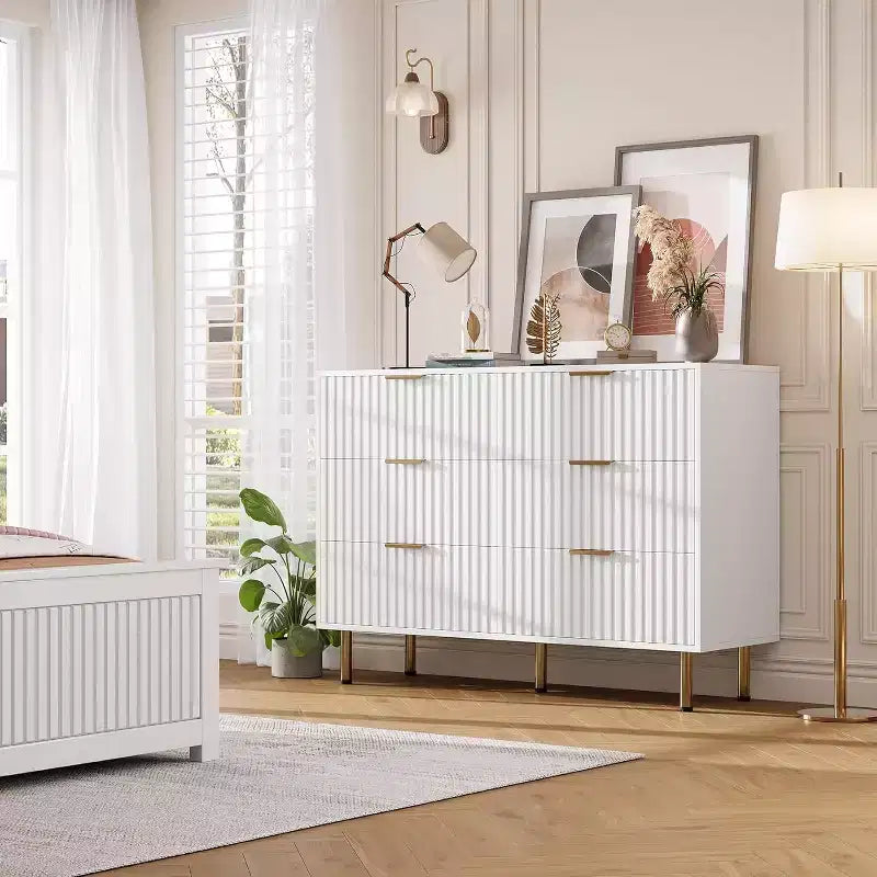 Commode à 6 tiroirs pour chambre, commode moderne cannelée avec tiroirs profonds, longue et grande commode double meuble TV pour salon, couloir