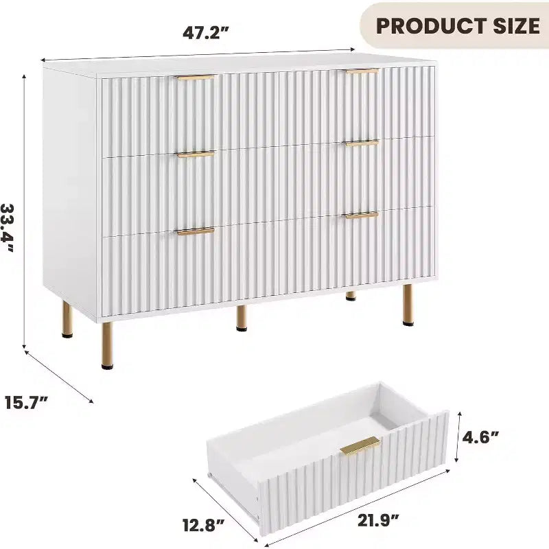 Commode à 6 tiroirs pour chambre, commode moderne cannelée avec tiroirs profonds, longue et grande commode double meuble TV pour salon, couloir