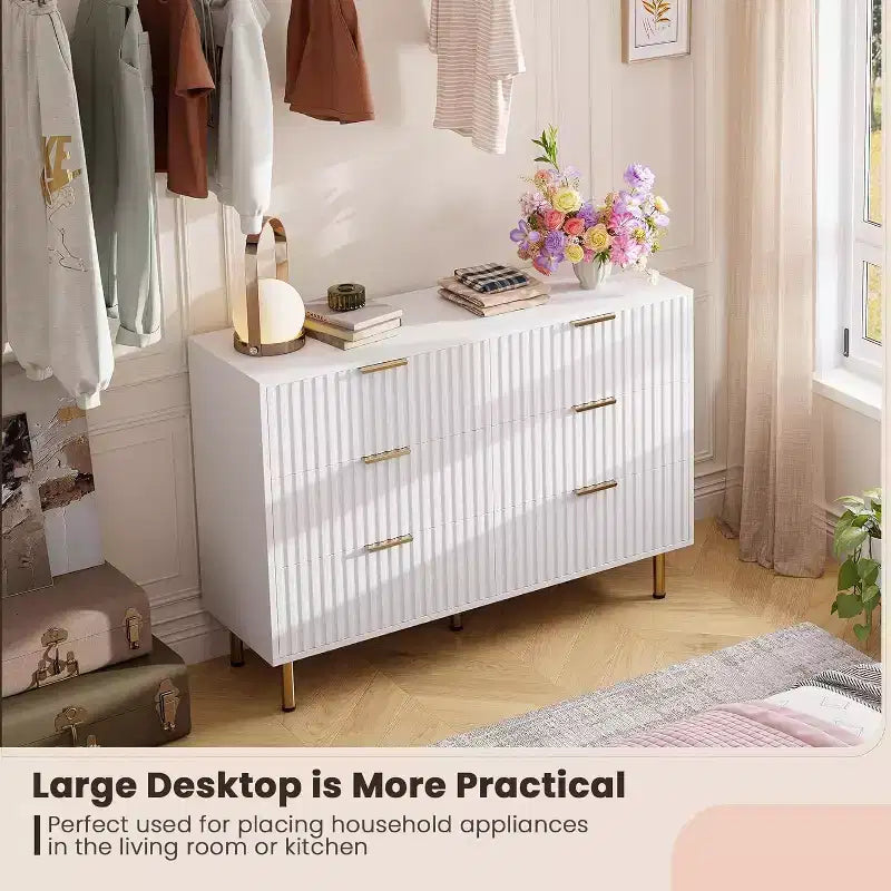 Commode à 6 tiroirs pour chambre, commode moderne cannelée avec tiroirs profonds, longue et grande commode double meuble TV pour salon, couloir