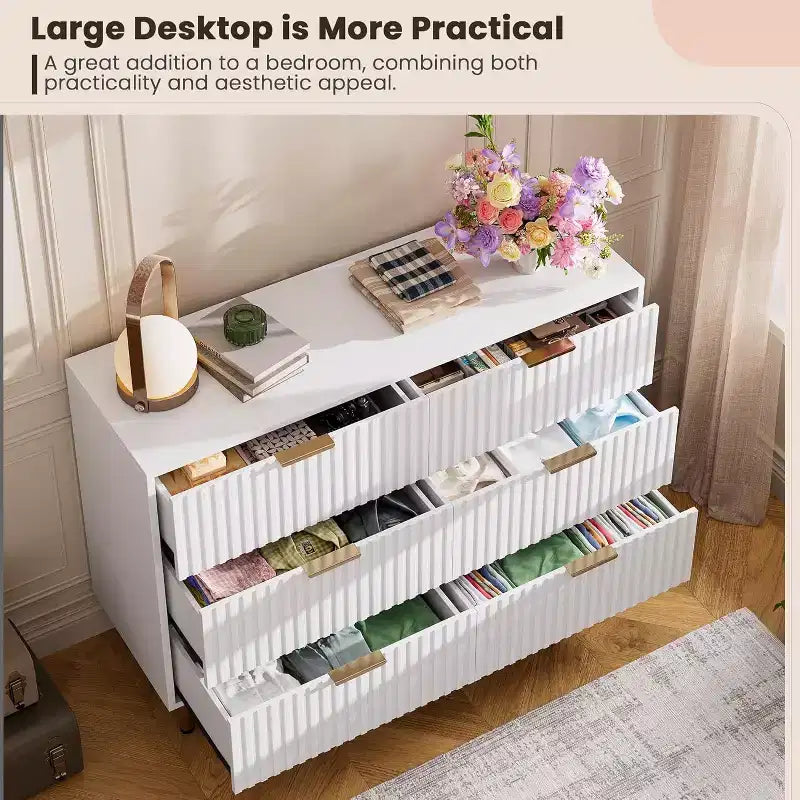 Commode à 6 tiroirs pour chambre, commode moderne cannelée avec tiroirs profonds, longue et grande commode double meuble TV pour salon, couloir